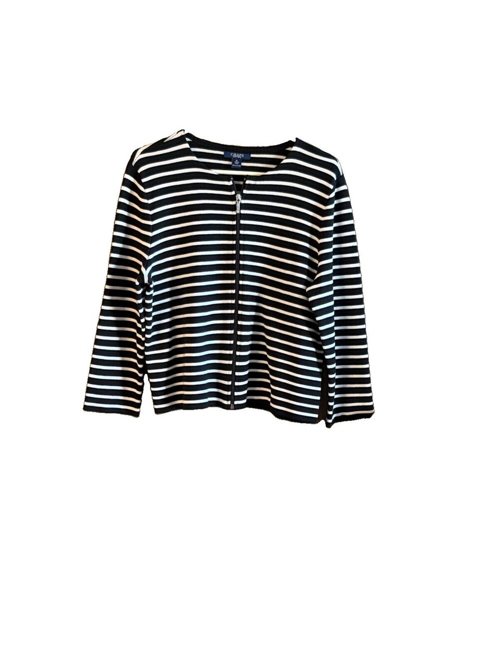 Chaps Sweater Womens XL Black&White Striped Full Zip Collarless Long Sleeve